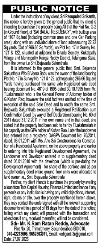 Public Notice for Intent to Purchase Property (Flat G-2, Sai Balaji Residency, Kukatpally)