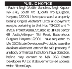 Public Notice for Issuance of Duplicate Allotment Letter