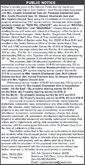 Public Notice for Joint Venture / Joint Development Agreement (Assagao, Goa)