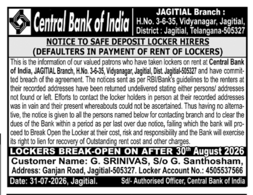 Public Notice for Locker Rent Defaulter - Central Bank of India