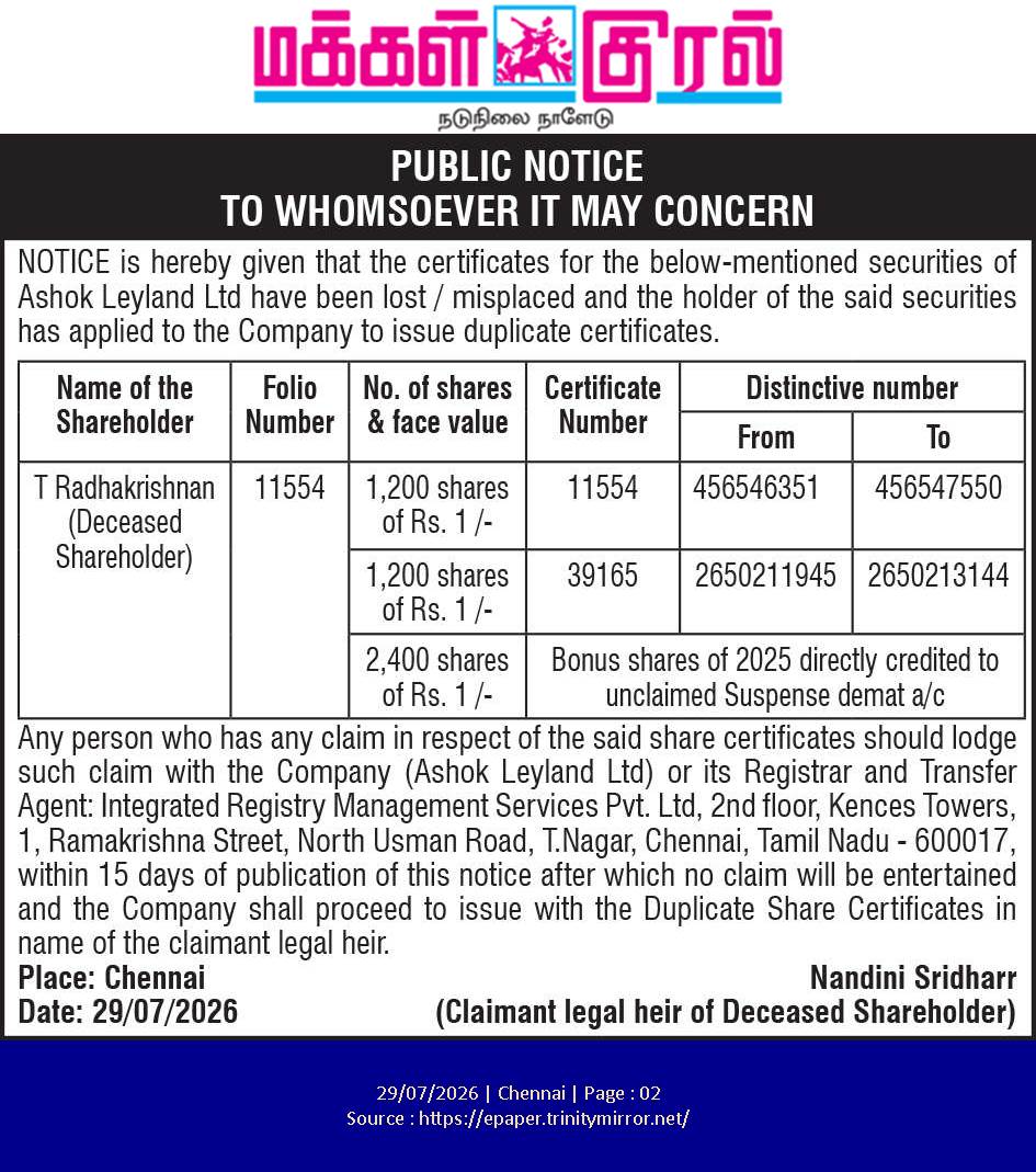 Public Notice for Loss of Ashok Leyland Share Certificates by Legal Heir