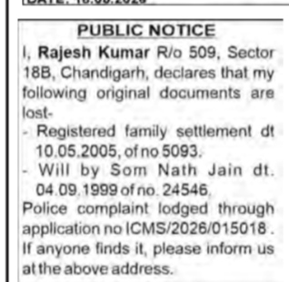 Public Notice for Loss of Original Property and Will Documents