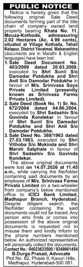 Public Notice for Loss of Original Property Sale Deeds