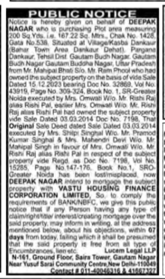 Public Notice for Loss of Original Sale Deed and Intended Mortgage