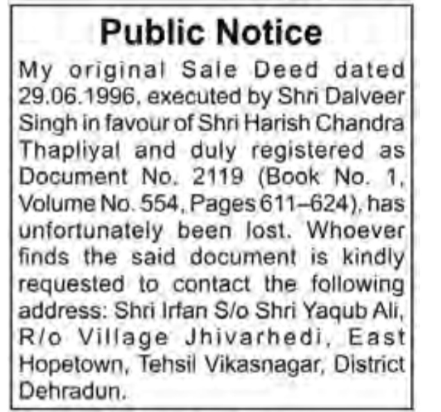 Public Notice for Loss of Original Sale Deed