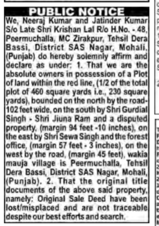 Public Notice for Loss of Original Sale Deed