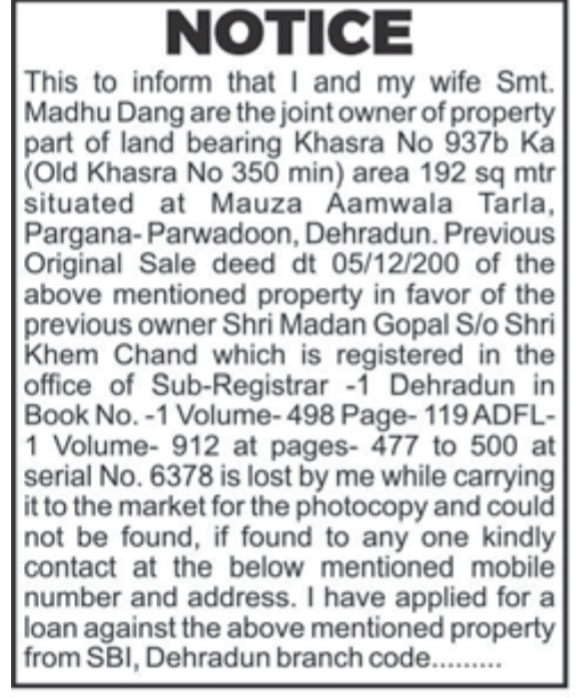Public Notice for Loss of Original Sale Deed
