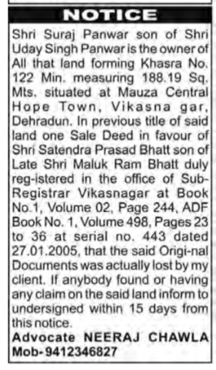 Public Notice for Loss of Original Sale Deed