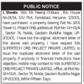 Public Notice for Loss of Property Documents.