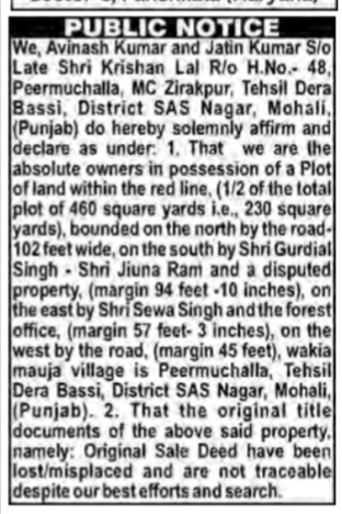 Public Notice for Loss of Sale Deed.