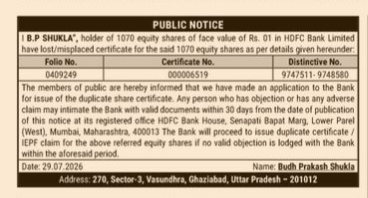 Public Notice for Loss of Share Certificate.