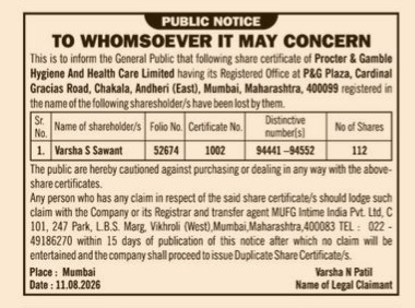 Public Notice for Loss of Share Certificate
