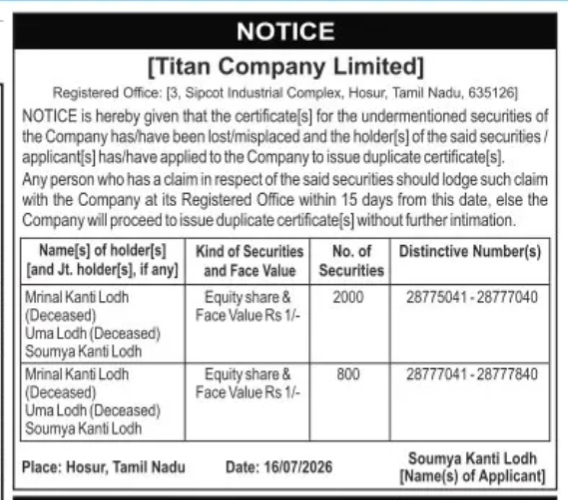 Public Notice for Loss of Share Certificates and Issue of Duplicate Shares by Titan Company Limited
