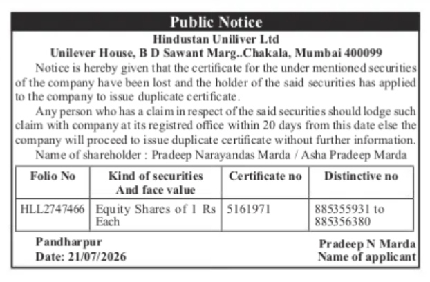 Public Notice for Loss of Share Certificates - Hindustan Unilever Ltd