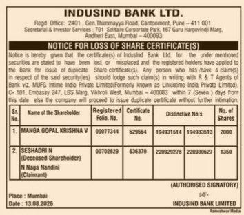Public Notice for Loss of Share Certificates - IndusInd Bank Ltd.