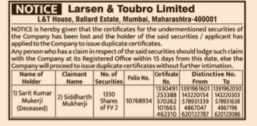 Public Notice for Loss of Share Certificates: Larsen & Toubro Limited