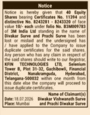 Public Notice for Loss of Share Certificates of 3M India Ltd