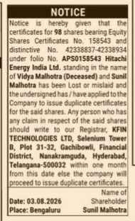 Public Notice for Loss of Share Certificates of Hitachi Energy India Ltd.