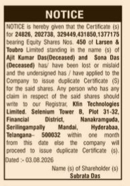 Public Notice for Loss of Share Certificates of Larsen & Toubro Limited