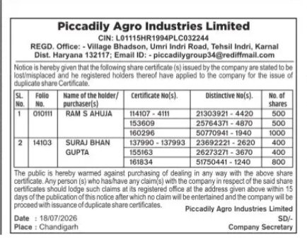 Public Notice for Loss of Share Certificates - Piccadily Agro Industries Limited