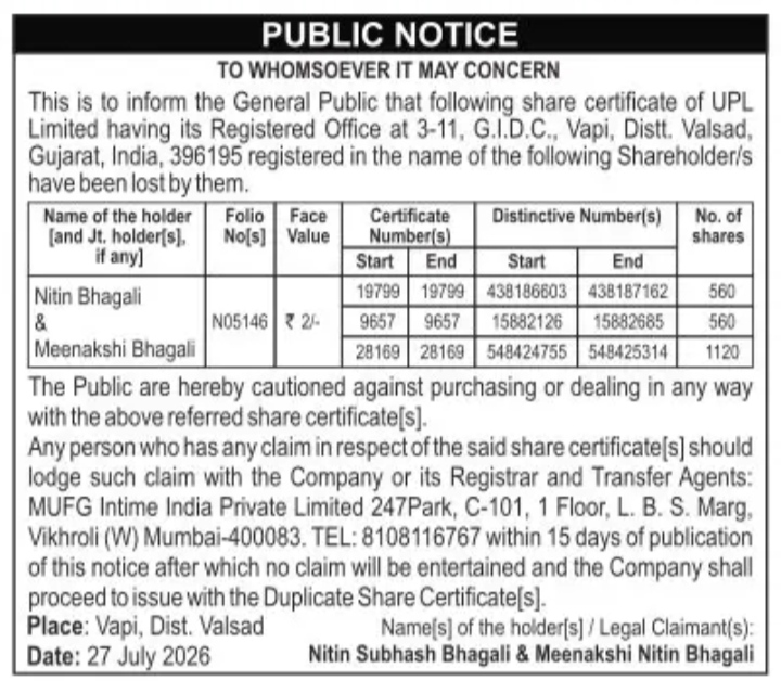 Public Notice for Loss of Share Certificates - UPL Limited