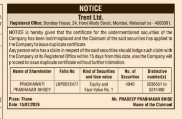Public Notice for Loss of Share Certificates.