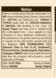 Public Notice for Loss of Share Certificates