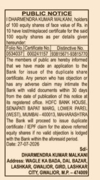 Public Notice for Loss of Share Certificates