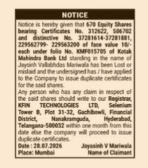 Public Notice for Loss of Share Certificates