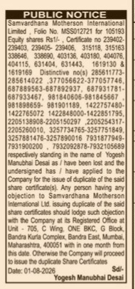 Public Notice for Loss of Share Certificates