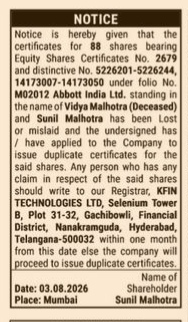 Public Notice for Loss of Share Certificates
