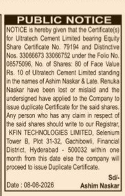 Public Notice for Loss of Share Certificates