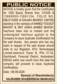 Public Notice for Loss of Share Certificates