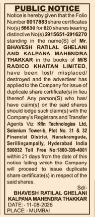 Public Notice for Loss of Share Certificates