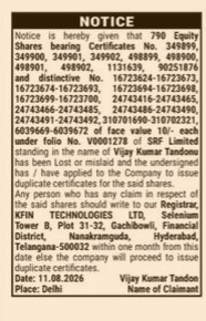 Public Notice for Loss of Share Certificates