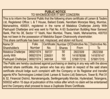 Public Notice for Loss of Share Certificates