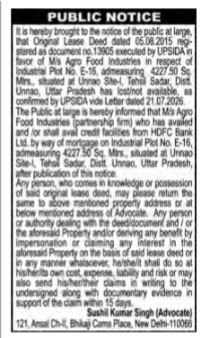 Public Notice for Lost Lease Deed and Property Mortgage