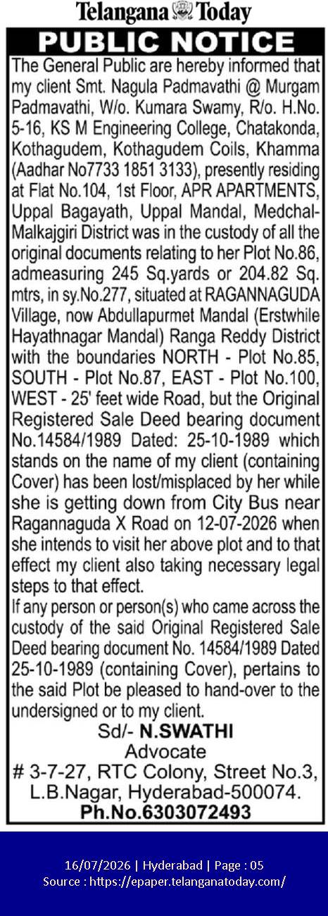 Public Notice for Lost Original Registered Sale Deed of Plot No. 86 in Ragannaguda Village