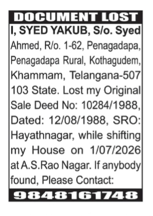Public Notice for Lost Original Sale Deed of Syed Yakub