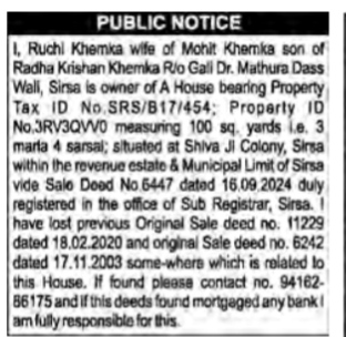 Public Notice for Lost Original Sale Deeds