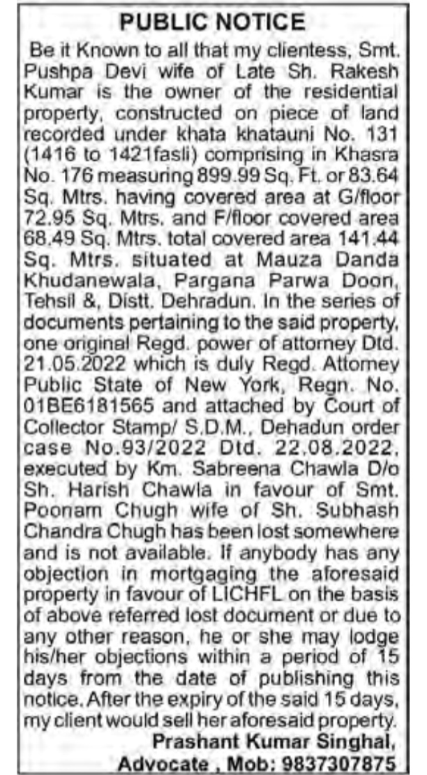Public Notice for Lost Power of Attorney (POA)