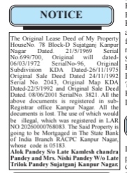 Public Notice for Lost Property Documents and Intended Mortgage