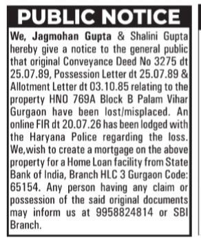 Public Notice for Lost Property Documents and Intent to Mortgage
