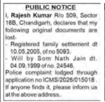 Public Notice for Lost Property Documents