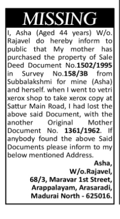 Public Notice for Lost Property Documents