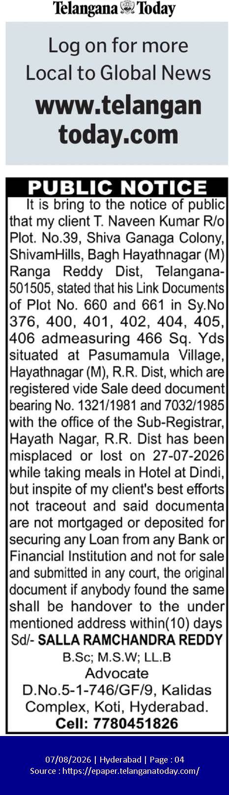 Public Notice for Lost Property Link Documents