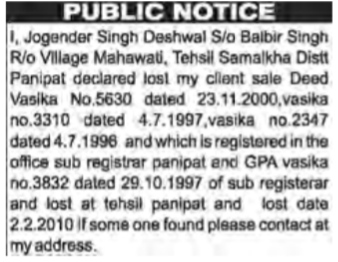 Public Notice for Lost Property Sale Deeds and GPA