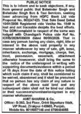 Public Notice for Lost Sale Deed and Loan Advancing