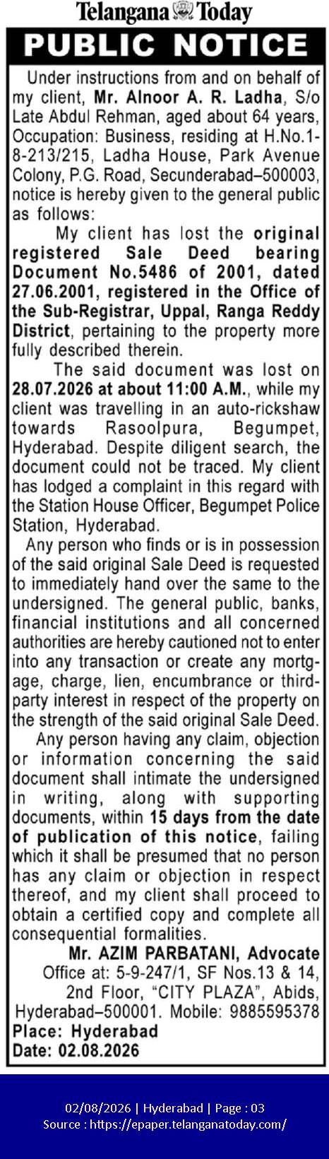 Public Notice for Lost Sale Deed (Document No. 5486 of 2001)