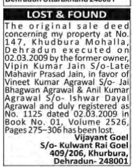Public Notice for Lost Sale Deed